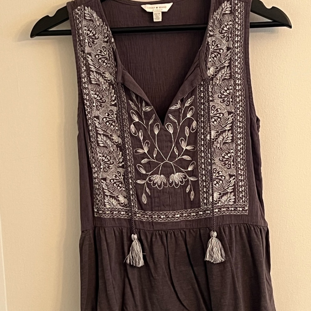 Lucky Brand Charcoal Gray Embroidered Sleeveless Top